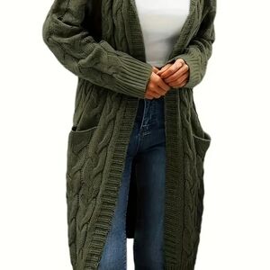 Olive Green Cable Knit Open Front Women's Cardigan Sweater